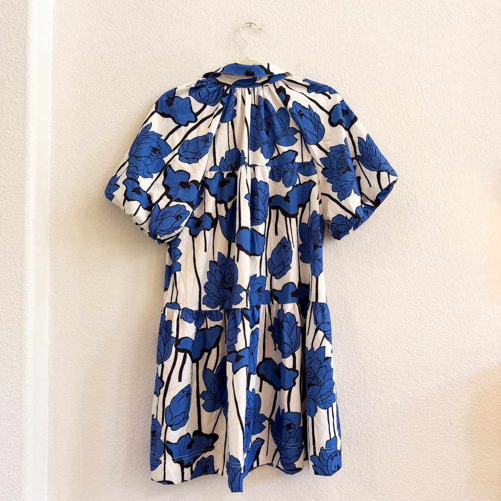 Wenrine Blue White Floral Button Up Tiered Shirt Dress Size Medium RT1078 - Picture 5 of 11